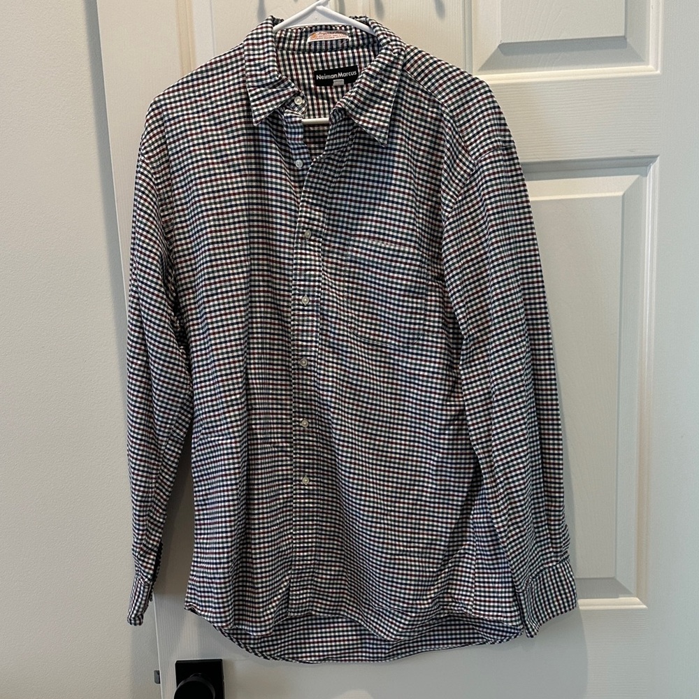 Neiman Marcus Men's Blue and White Check Shirt